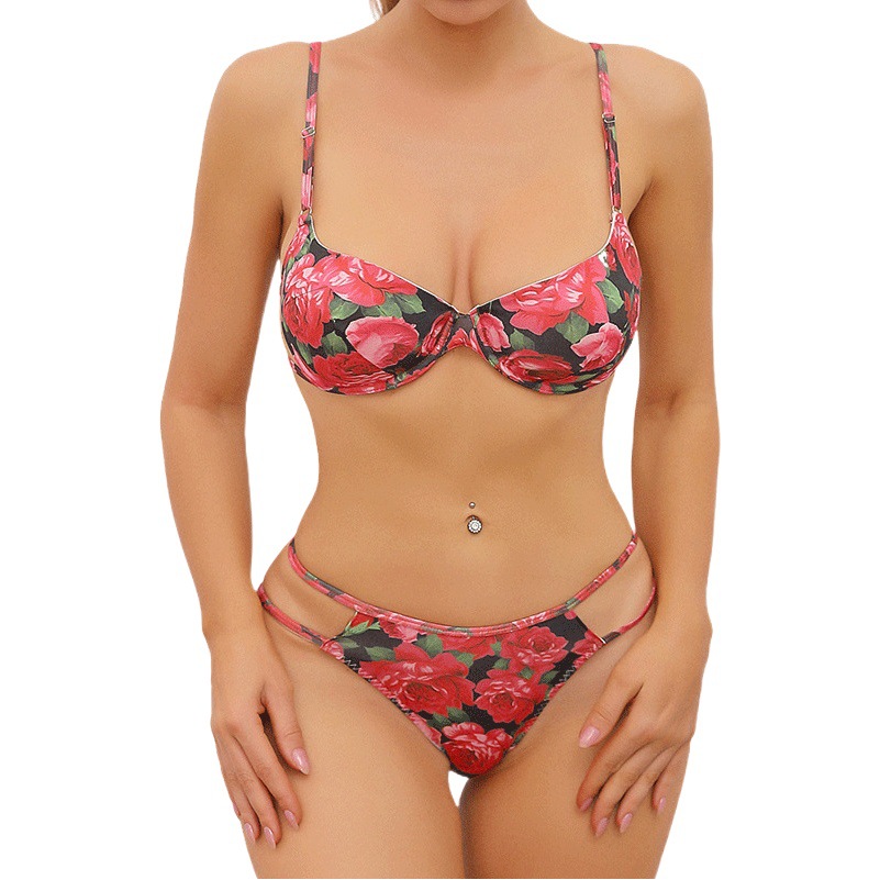 European and American Style Sexy Underwear Floral Swimsuit Split Two-Piece Beach Bikini Outdoor Boots Thong