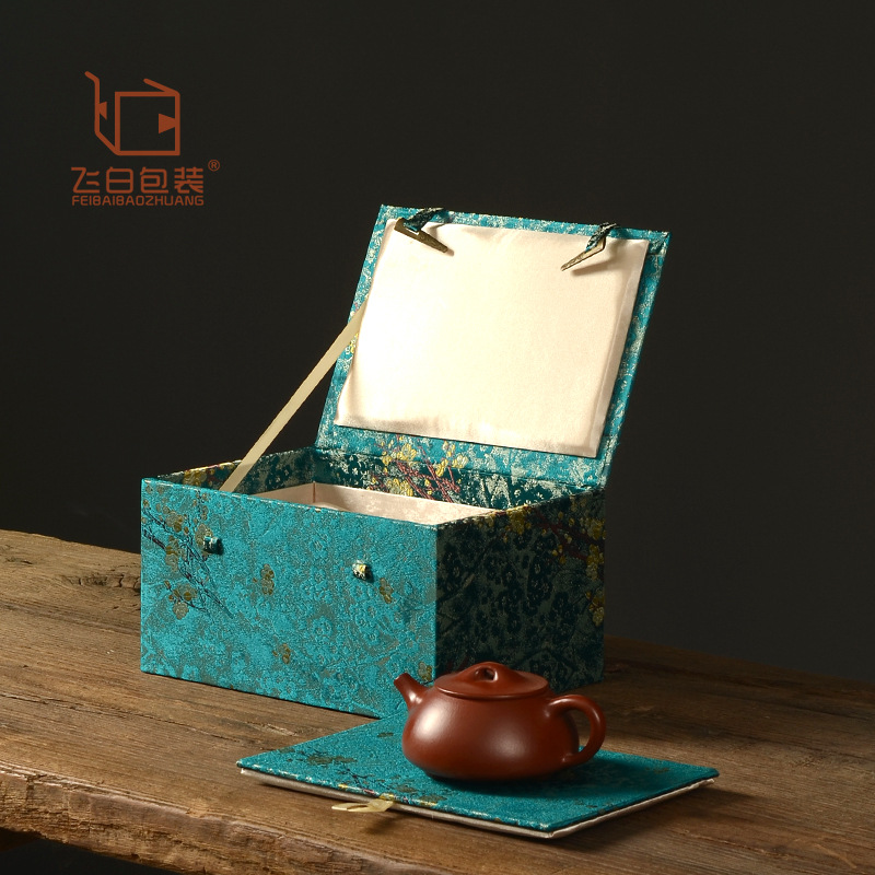 Chinese Collectibles Plum Blossom Brocade Cloth Packaging Box Purple Clay Pot Teacup Built Cups Crafts Exquisite Gift Box Brocade Box