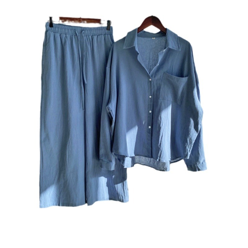 Picture of Cross-border Amazon Women's 2-piece Vintage Plus Size 2022 Cotton and Linen Shirt Set High Waist Loose Trousers