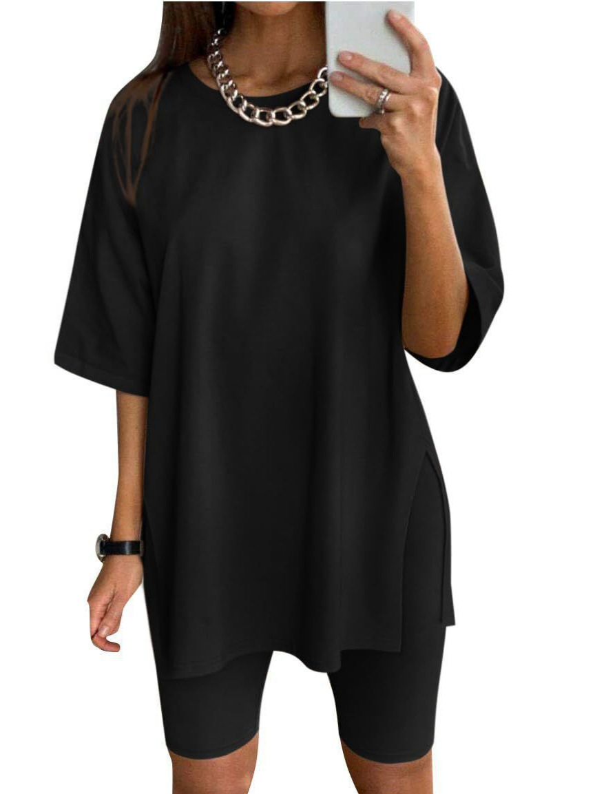 Amazon wish European and American Cross-border Foreign Trade Women's Summer New Loose Casual Split Solid Color Short-sleeved T-shirt Women