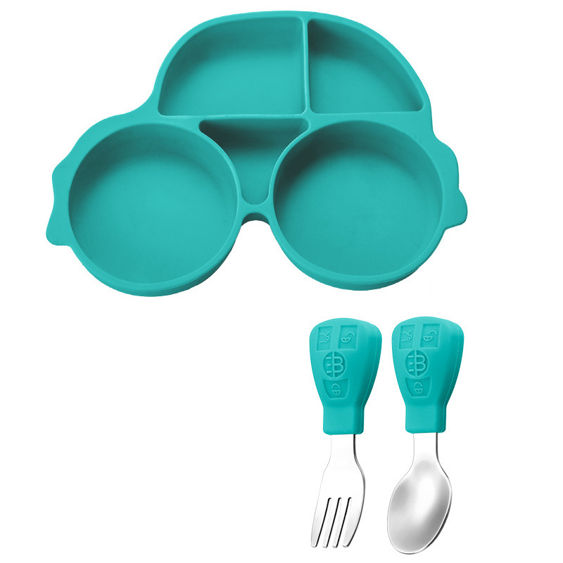 Picture of Amazon Cartoon Children's Car Silicone Dinner Plate 304 Stainless Steel Spoon Fork Gift Baby Learning Dining Tableware Set