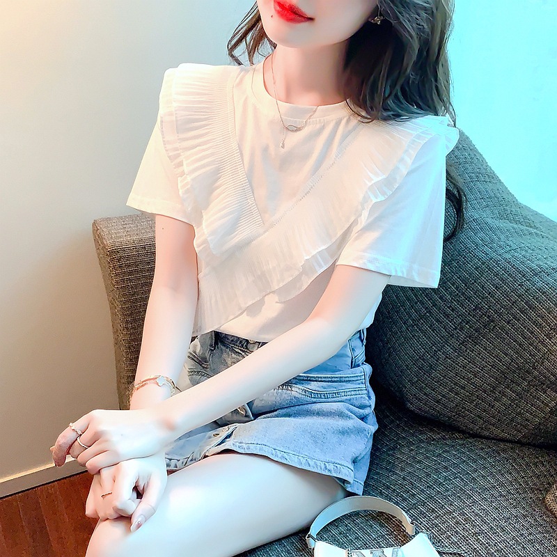 2024 New Short Sleeve design loose meat covering top ins Super fairy Western style ruffled chiffon bottoming shirt