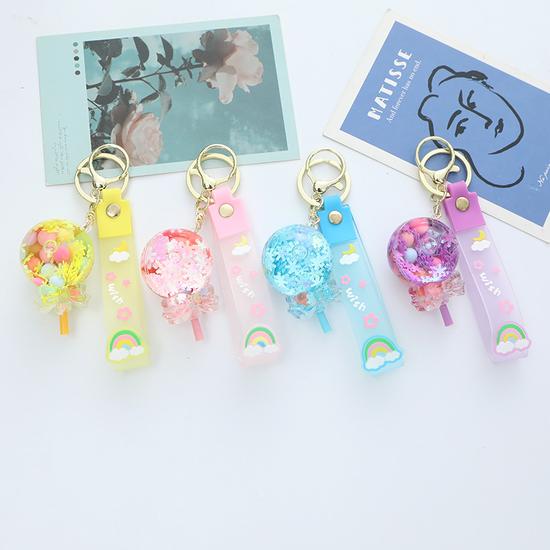 Acrylic Oil Drifting Bottle Lollipop Keychain Pendant Cherry Blossom quicksand Hanging Accessories Couple Bag Decoration