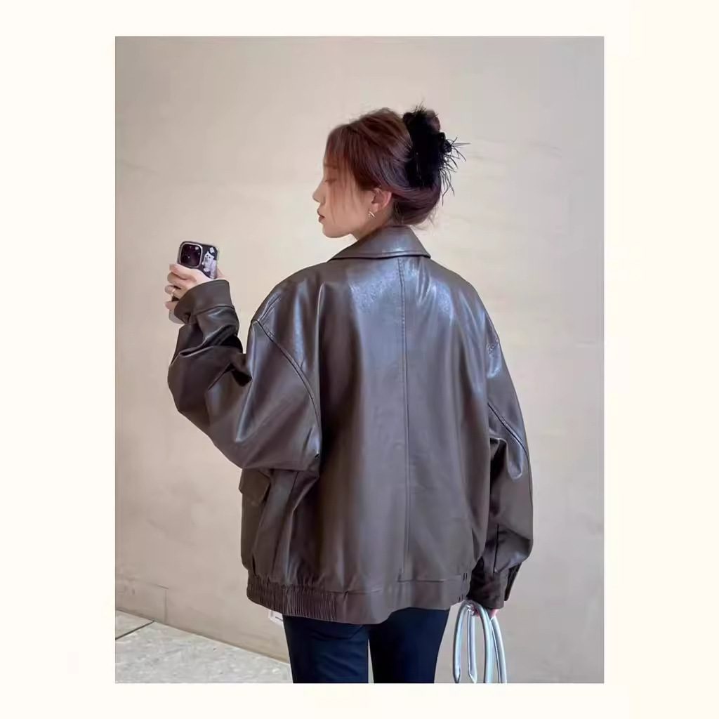 Picture of American Retro Brown Pu Leather Jacket for Women Spring & Fall 2023 New Oversize Niche Motorcycle Jacket Top