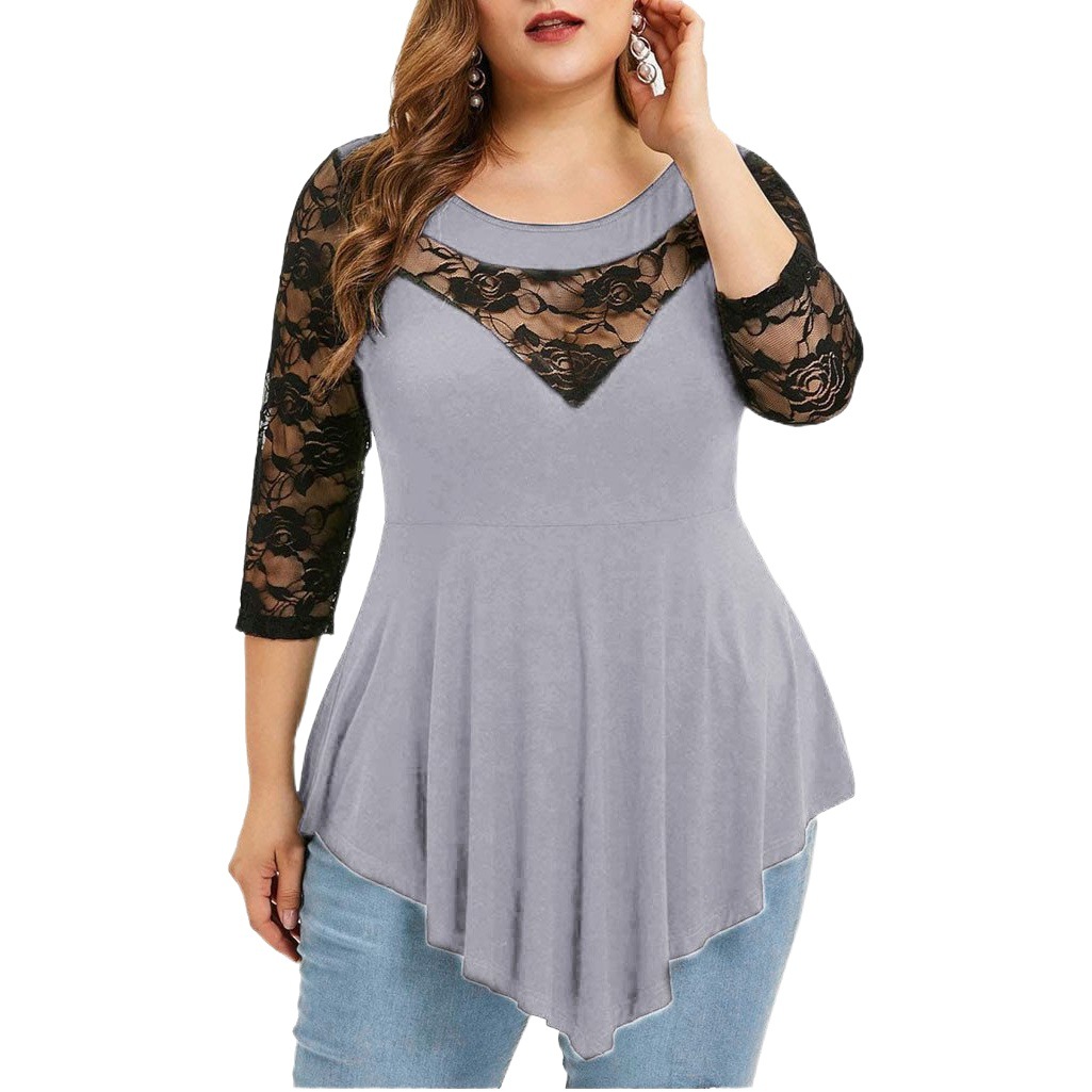 European and American large size women's lace stitching round neck 7 sleeve T-shirt women's loose slim irregular top foreign trade Wholesale