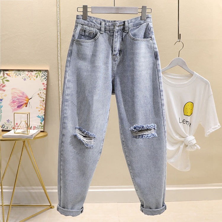 Light Color Jeans Women's Ripped Beggar Pants 2021 New Korean Style High Waist Loose Cropped Harlan Dad Pants Autumn