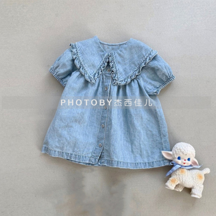 Picture of Girls Ins Korean Style Spring and Summer New dress Children's Lace Large Lapel Puff Sleeve Denim Princess Doll Dress