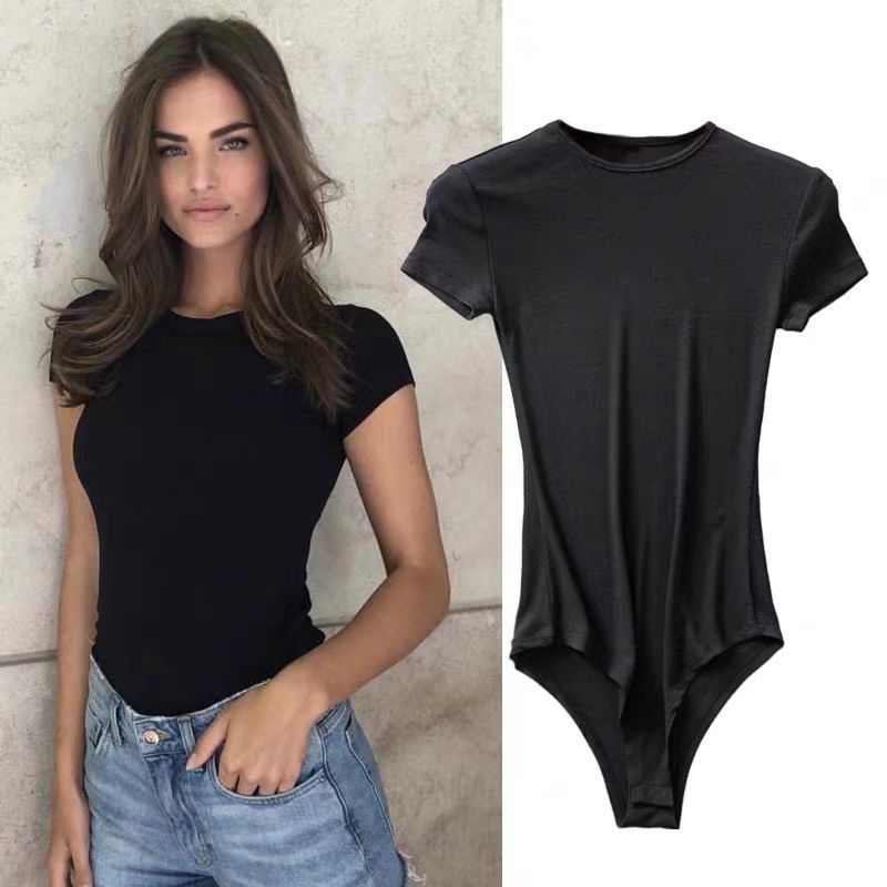 European and American Stylish Elegant Short-Sleeved Small Round Neck Slim Fit Street Jumpsuit T-Shirt Versatile Outer Top Shaping