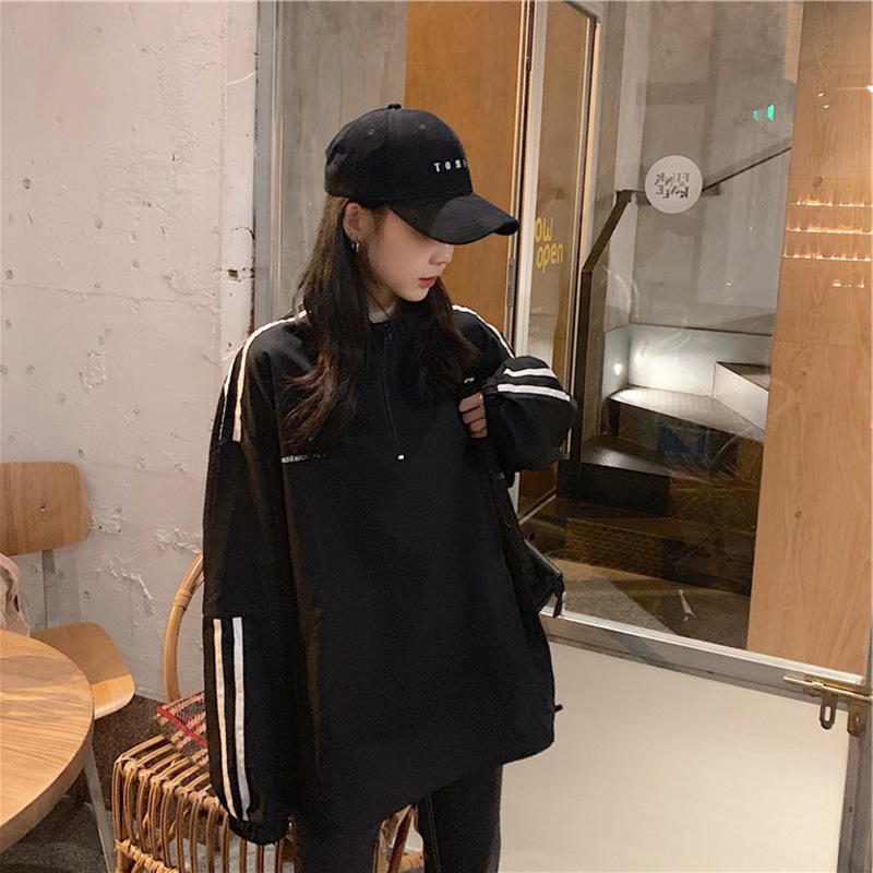 Picture of Cotton Trendy Zip-Up Sweatshirt for Women, Spring and Autumn Thin Style, 2025 New Korean Version, Striped College Style Student Top, Ins