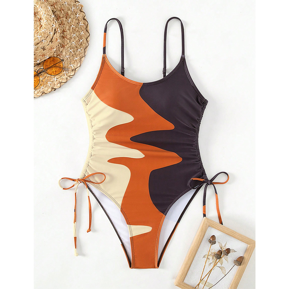 New One-Piece Swimsuit for Women with Color Matching European and American Sexy Bikini Swimsuit Tight Straps Graffiti Cross-Border Ready Stock