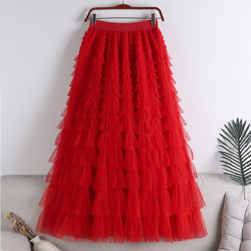 Picture of Mesh Splicing Cake Skirt 2025 Spring, Summer, Autumn and Winter New Mid-Length Skirt A-Line Long Skirt Fluffy Gauze Skirt