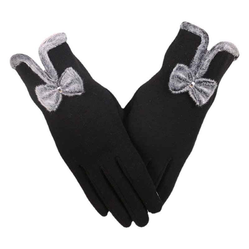 Autumn and Winter new cashmere bow non-inverted velvet gloves outdoor riding Women's warm touch screen gloves wholesale