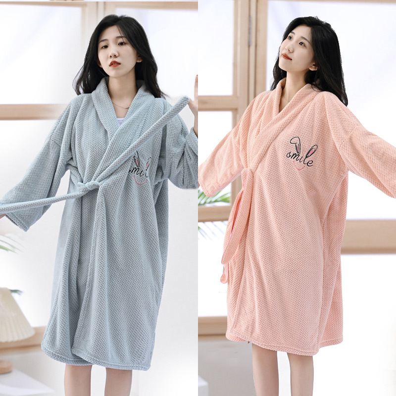 New Lace-up Long-sleeved Short-sleeved Thickened Bathrobe Women's Coral Fleece Wrapping Quick-drying Shower Cap Autumn and Winter Home Clothes Nightgown