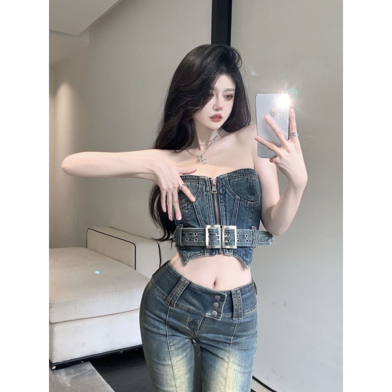 plus size Chubby Denim Strapless Top Summer Outer Wear Inner Base Shirt Design Pure Hot Girl Short Vest
