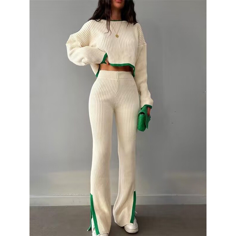 European Fashionable Elegant Suit 2025 Autumn and Winter New Style Spliced Contrasting Knitted Top + Pants Two-Piece Sweater Set