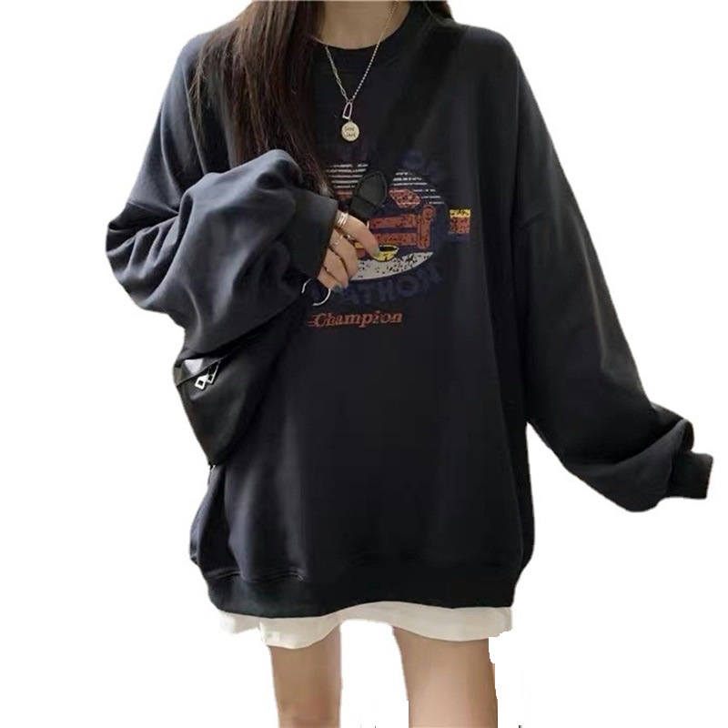 Picture of American Style Retro Printed Round Neck Sweater Women's Autumn Clothing Student Base Shirt Regular Casual Loose Top Thin Trendy