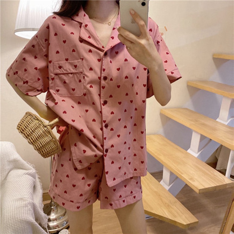 Summer short-sleeved pajamas women's Korean-style loose cute girl's lovely cardigan Internet celebrity can be worn outside summer two-piece set delivery