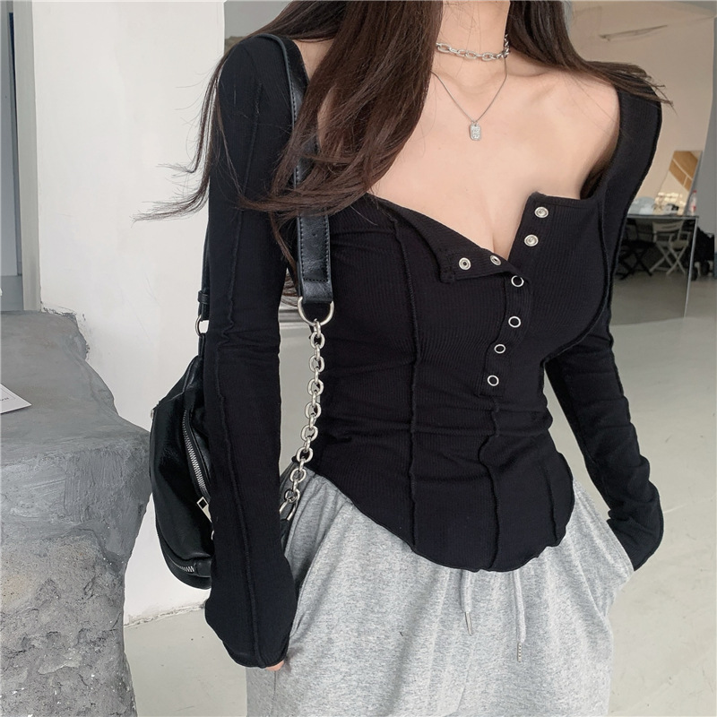 2024 Spring and Autumn New Tight Sexy Square Collar Black Long Sleeve T-Shirt Women's Low Cut Inner Top Bottoming Shirt