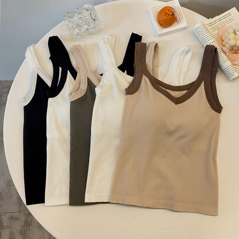 Autumn and winter new contrast color camisole women's chest pad fleece-lined thick thermal underwear terry sleeveless bottoming top
