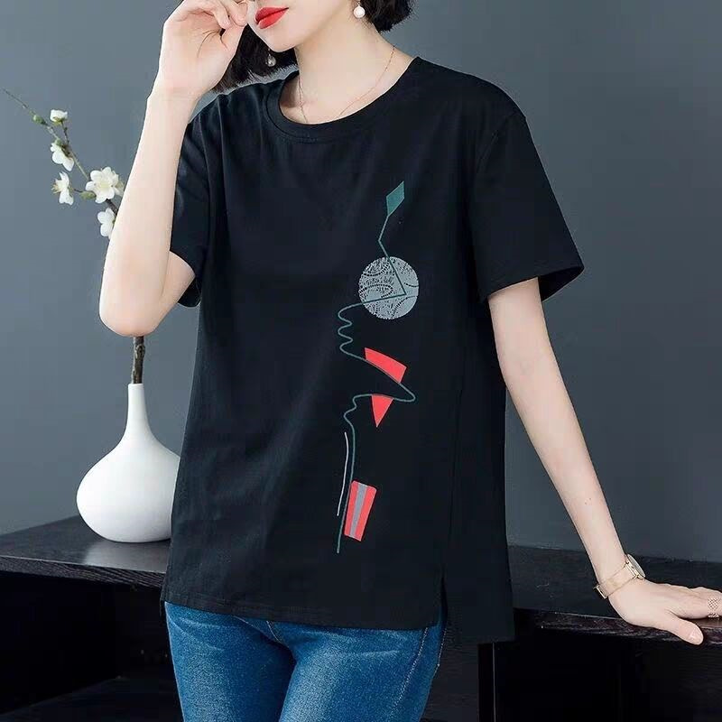 Picture of Short-sleeved T-shirt Women's 2025 New Women's Summer Korean-style Loose plus size chubby girl Artistic Printed T-shirt Trendy Top