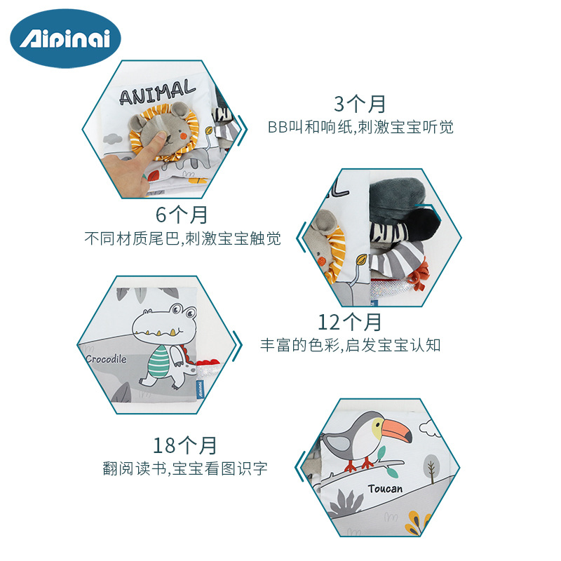 Picture of Aipinqi's New Visual Gray and White Tail Cloth Book Baby Can Not Tear Cloth Book Can Chew Stereo Book Toy