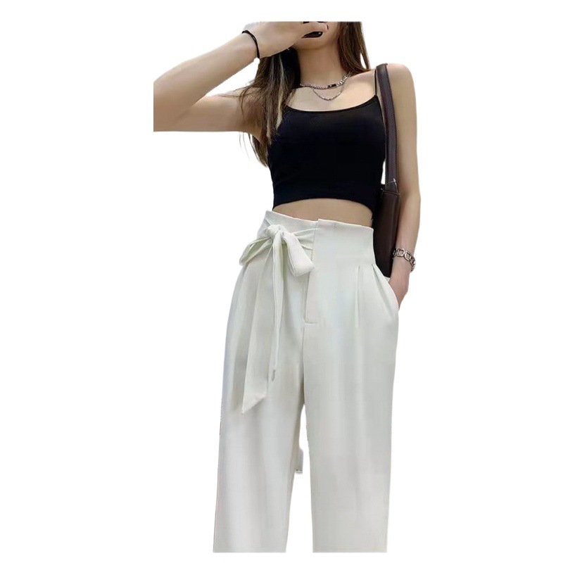 White wide-leg pants women's high waist draping 2023 Summer new bow straight loose mop suit pants thin