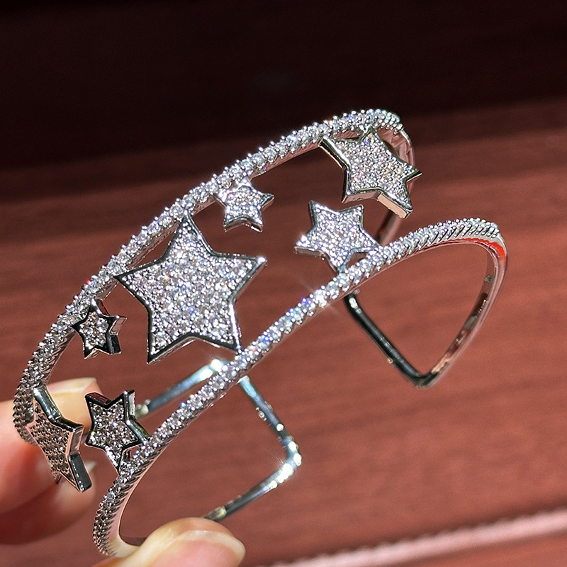 New Zircon Open Double-Layer Hollow Star Fashion Open Bracelet with Heavy Craftsmanship, High-End Starry Luxury Wide Version