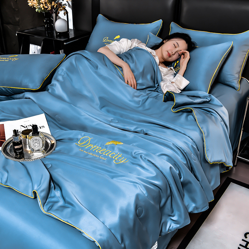Picture of Class A Washed Ice Silk Summer Quilt Four-piece Set Summer Cool Quilt Nude Sleeping Embroidered Air-conditioning Quilt Cool Silk Summer Thin Quilt