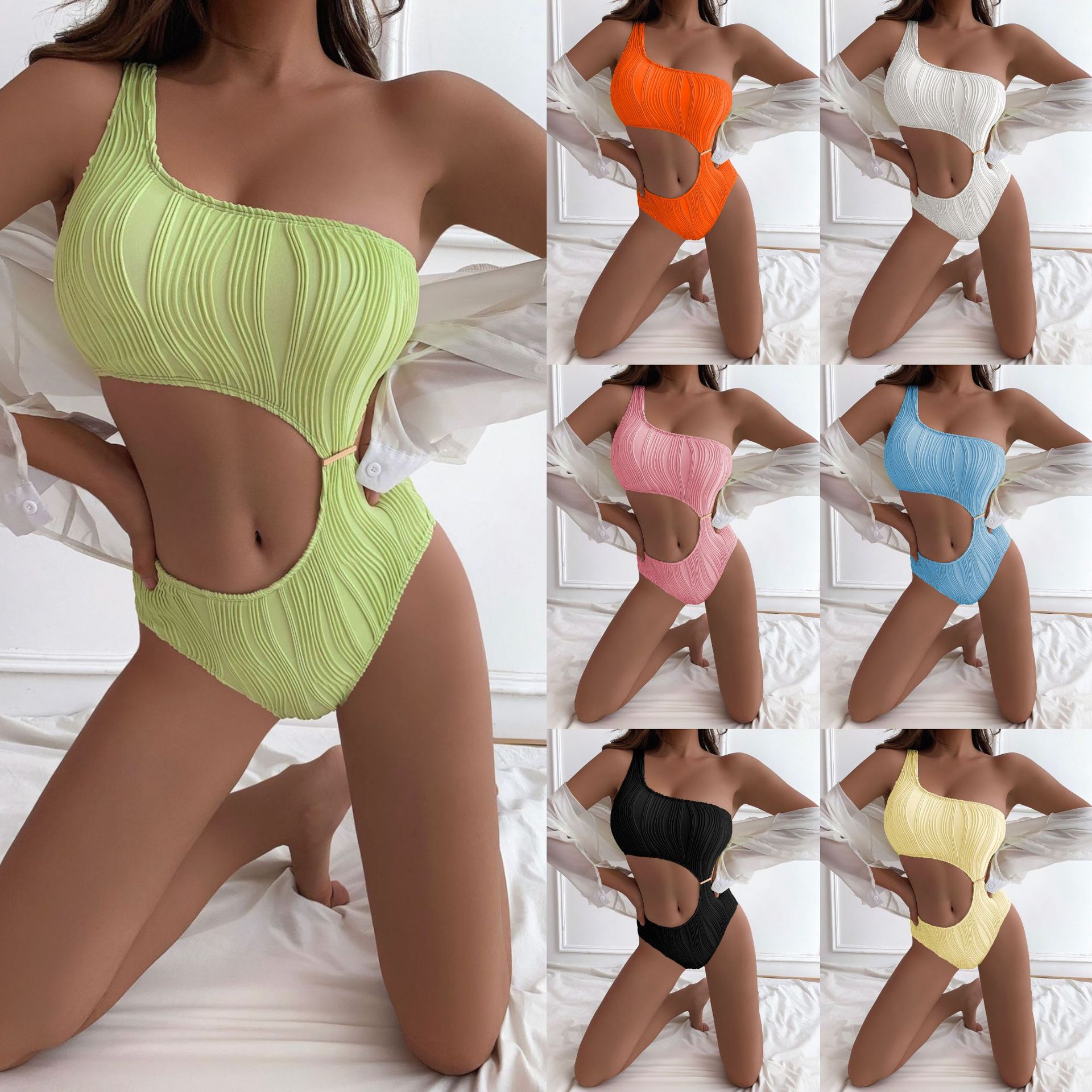 2025 European and American New Textured Cloth Sexy Cut Out One-Piece Swimsuit Bikini Bikini Swimsuit Ins Cross-Border