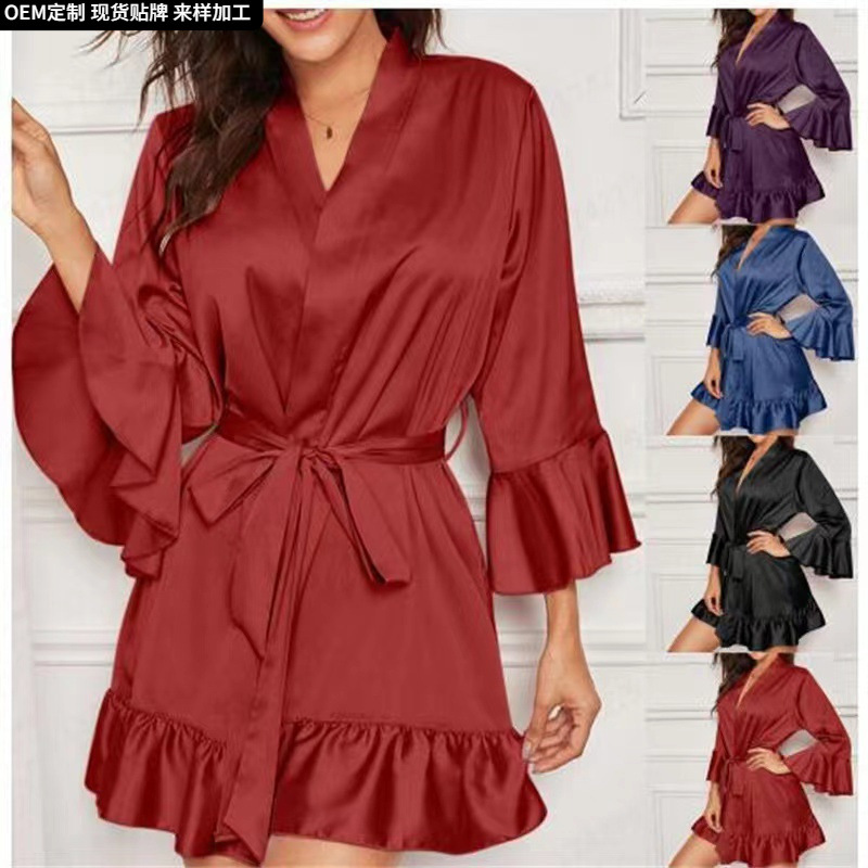 Amazon European and American Explosions Women's Sexy Stretch Color Bathrobe Large Size Nightgown Solid Color Home Clothes Cross-border Foreign Trade