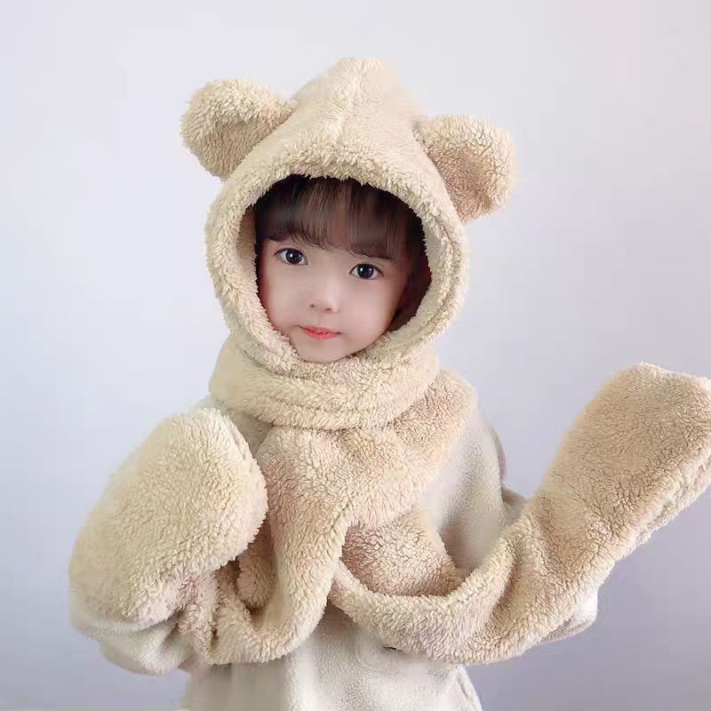Picture of Winter Warm and Thickeneded Cotton Plush Rabbit Ears Animal Hat Gloves Scarf Bear Three-Piece Hat Factory Ear Protection