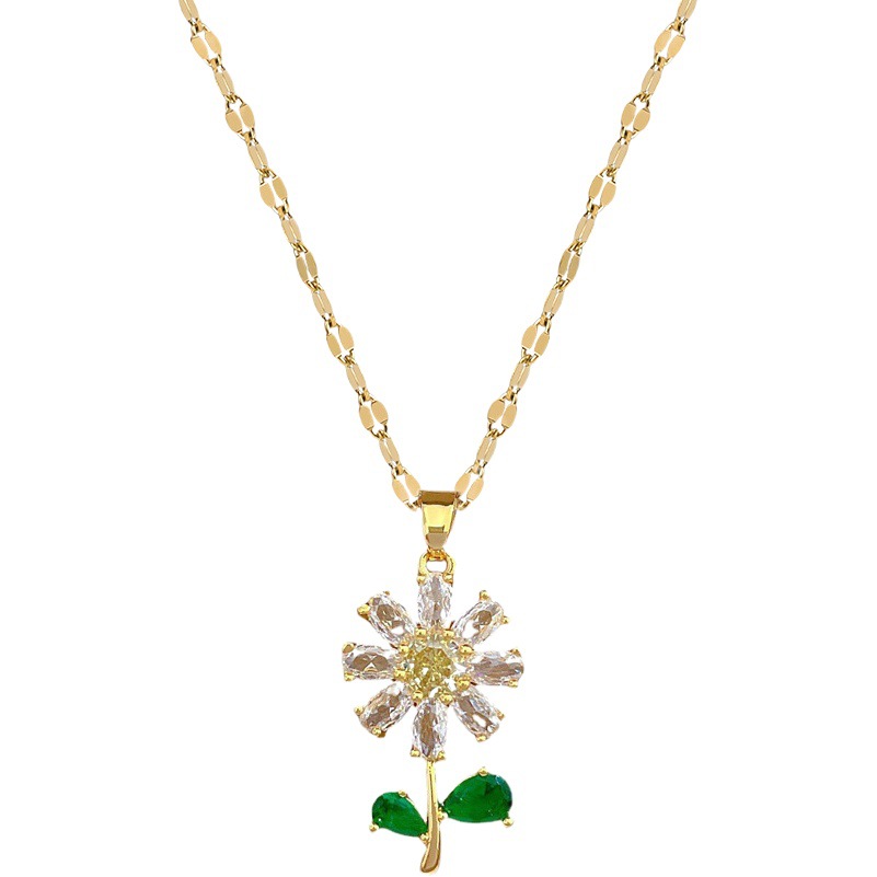 [Titanium Steel] Green Leaf Flower Necklace Earrings Set Light Luxury Micro-Inlaid Personalized Temperament Banquet Earrings Necklace Set