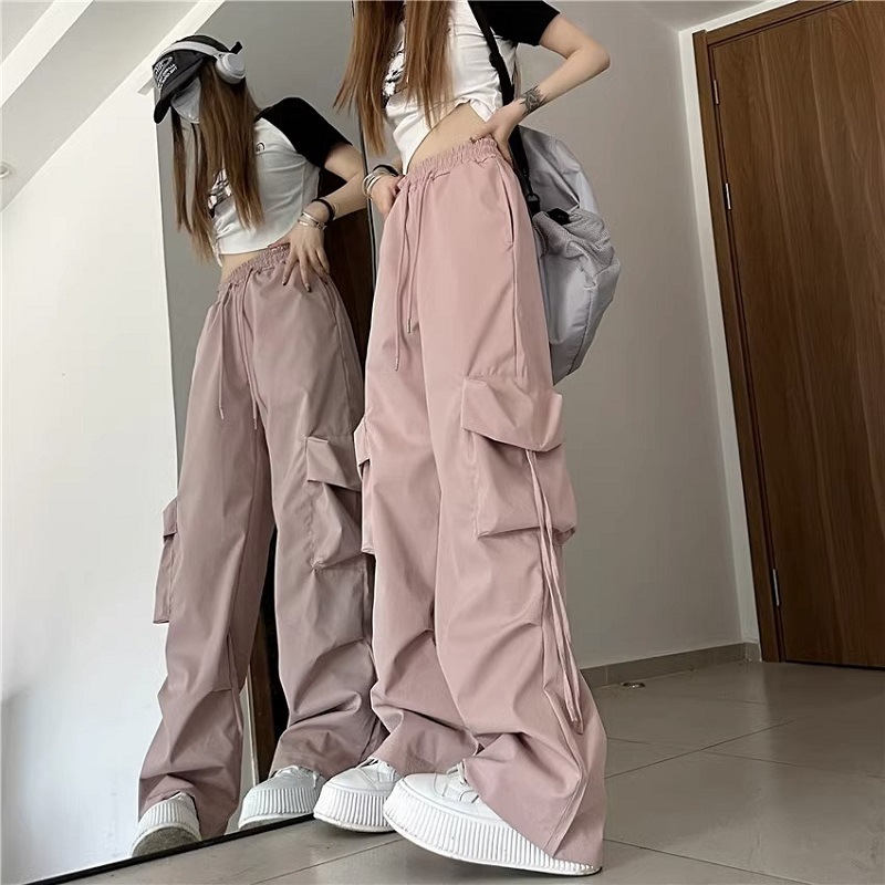 Picture of American Retro Niche Cargo Pants for Women with Stereo Flap Pocket Pantss, High-Waisted Straight Wide-Leg Ribbons, Loose Casual Floor-Length Pants