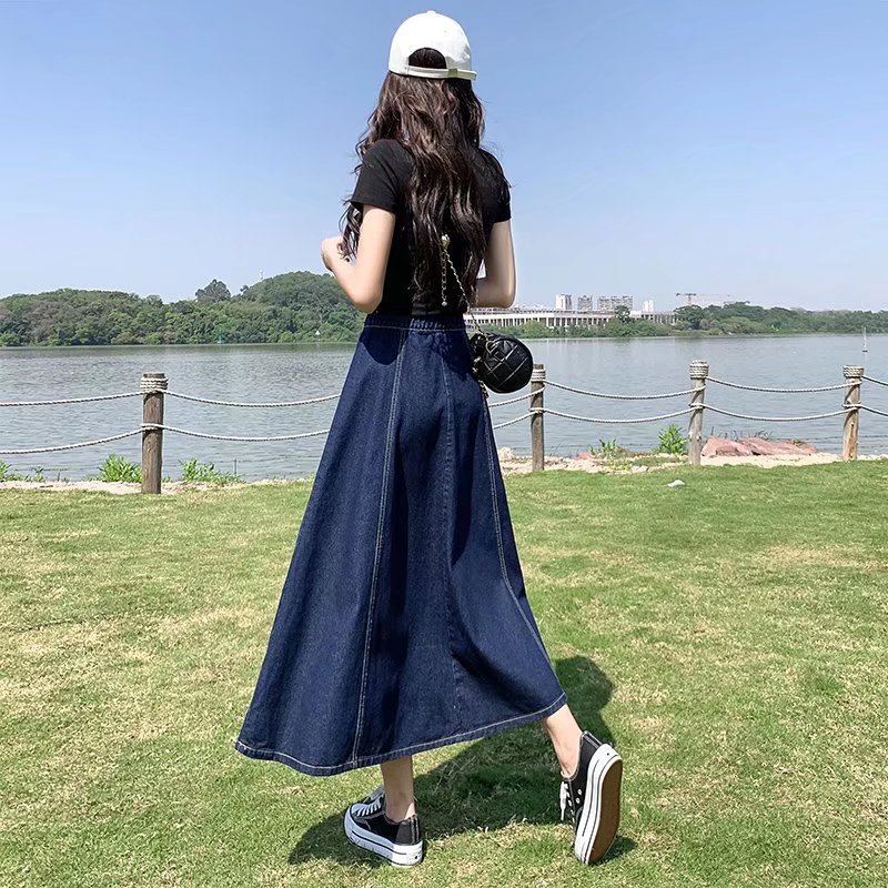 Picture of 2025 New Summer and Autumn Denim Skirt A-Line Mid-Length Half-Length Over-The-Knee Fashionable Loose Slimming Look Skirt with Large Hem