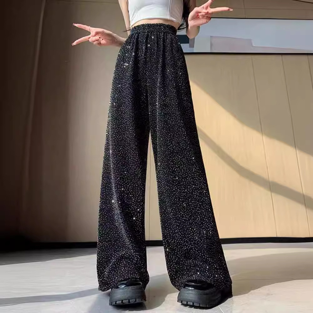 High Waist Small Gradient Cyber Popular Wide Leg Women's Summer Heavy Industry Hot Drilling Bright and Shiny Fashionable Slimming Straight Pants