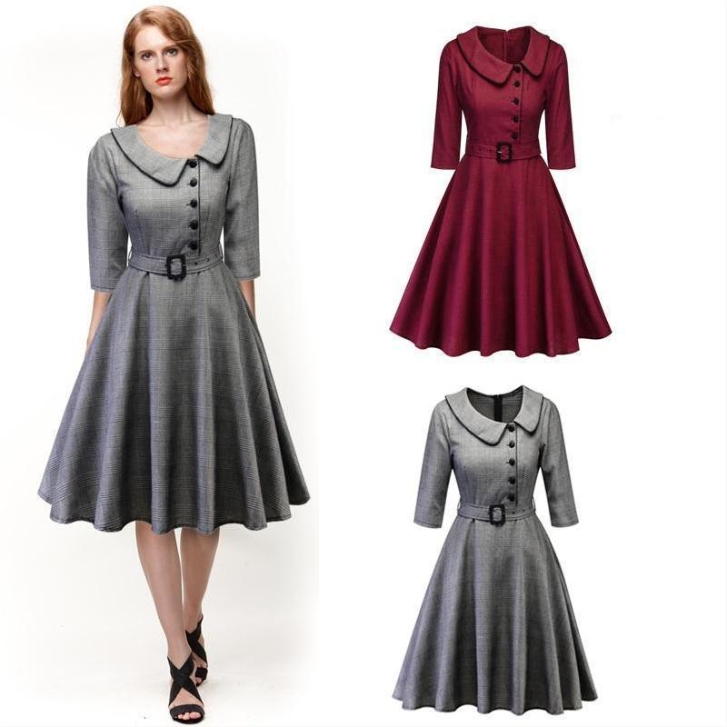 Cross-border Amazon New Autumn dress Fashion Retro Hepburn Doll Collar Mid-sleeve Dress