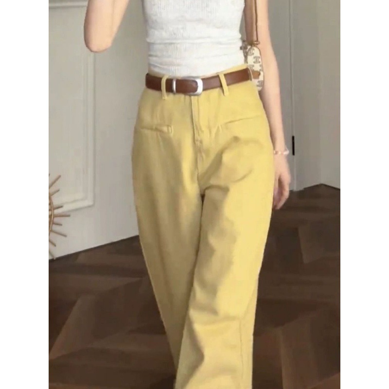 Korean Style High Waist Casual Wide Leg Pants Women's 2024 Autumn New Yellow Fashion Slim Straight Leg Pants Hong Kong Style