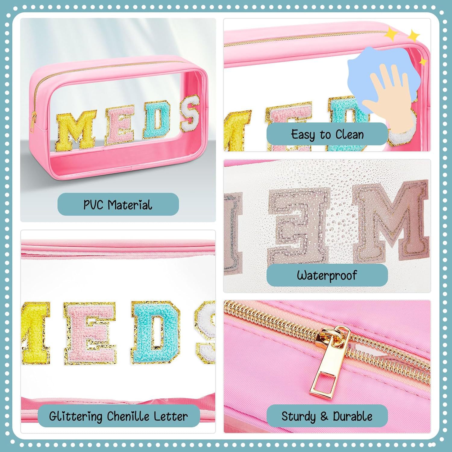 Picture of Amazon Chenille MEDS Waterproof Transparent PVC Letters Cosmetic Bag Travel Toiletry Bag Large Capacity Cosmetic Bag