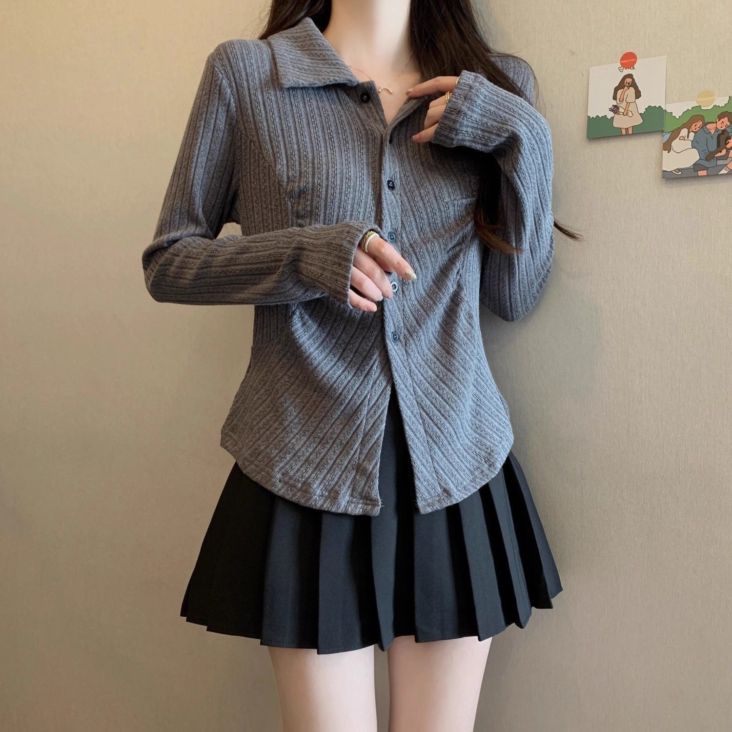 plus size Women's Autumn New Design Niche Slim-fit Long-sleeved Shirt chubby girl Belly-covering Slimming Polo Collar Top