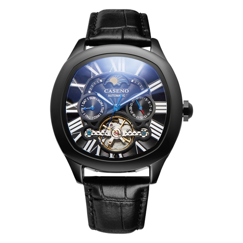 Caseno Star Tourbillon Fully Automatic Mechanical Watch Barrel Waterproof Watch with Moon Phase Month Date Function