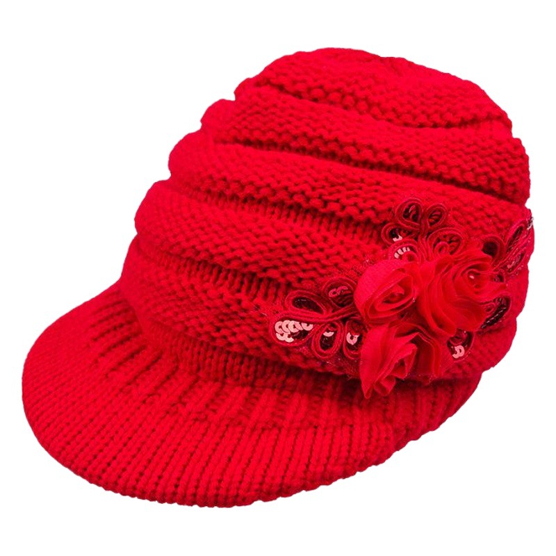 Autumn and Winter Women's Hats European and American Popular Trendy Brim Sequin Applique Ear Protection Beret Knitted Woolen Hat