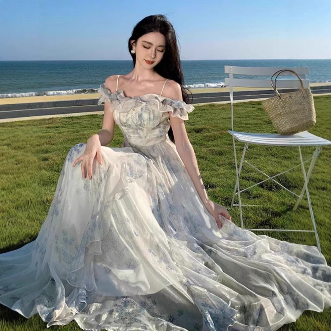 Picture of Seaside Holiday Style Suspender Dress Yarn French Ruffled Beach dress Atmosphere Long Dress Elegant Fairy Style