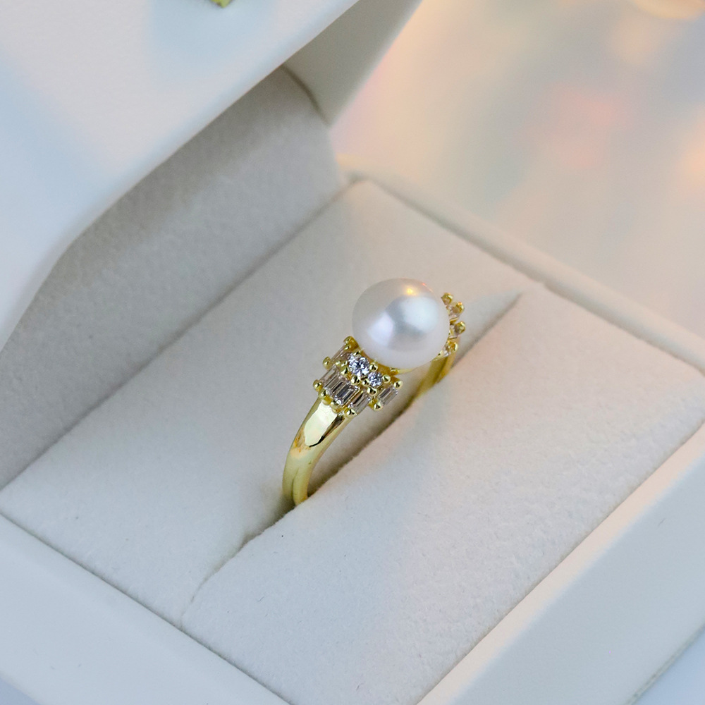 New High-End Cool Style Korean Style Fashionable Zircon Temperament Ring Light Luxury Diamond Natural Pearl Ring for Women