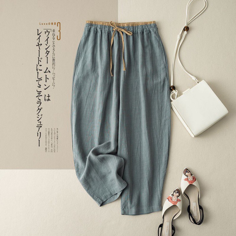 2024 vintage commuter pants Japanese cotton and linen plus size art wide leg casual pants loose drape straight trousers slim