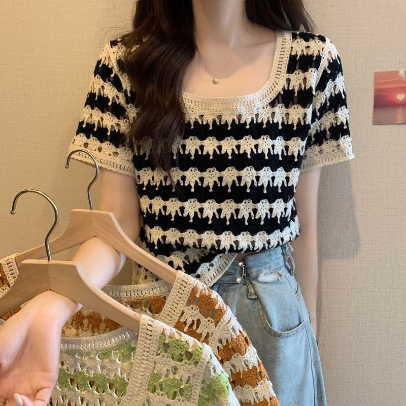 Summer 2023 New Hollow Crochet Sweater Small Slim-fit Loose Short-sleeve Ethnic Style Top Women's All-match