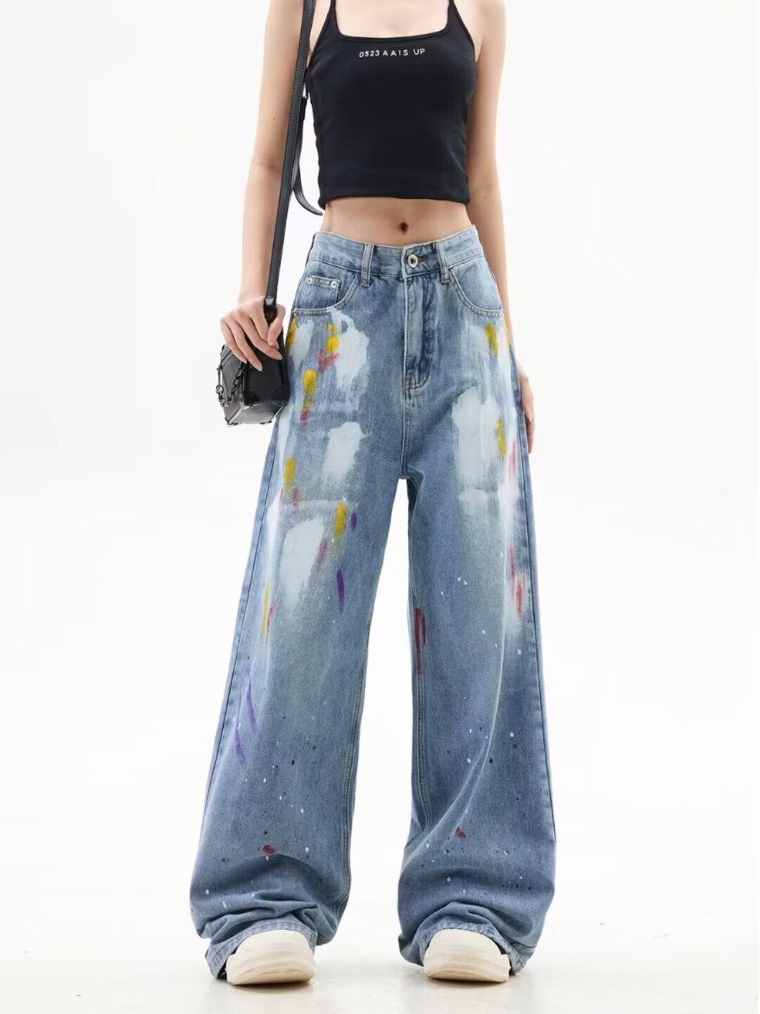 Autumn New Graffiti Paint Dot Loose Jeans Women's Fashion Brand Washed Straight American Casual All-match Wide Leg Pants