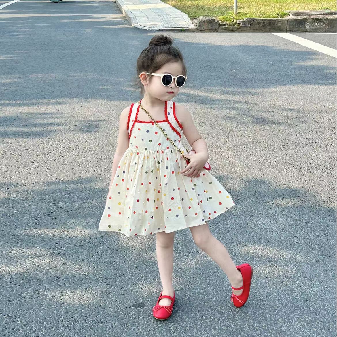Korean Style Children's Wear 2024 Summer New Girls' Colorful Wave Dot Sling dress Girls' Sleeveless Tall Dress Trendy