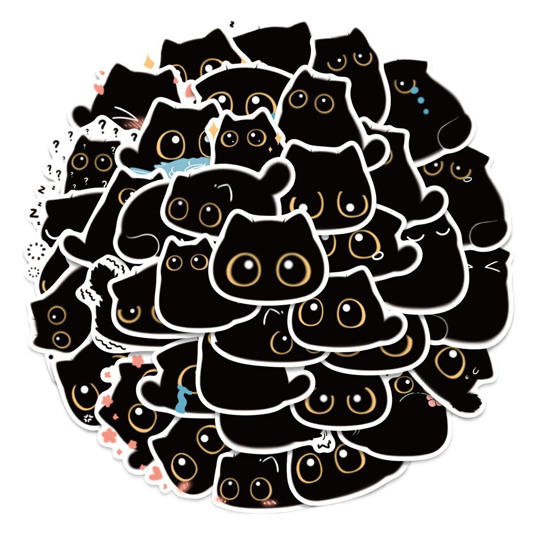 40 original cute cartoon black small bristle cat animal stickers luggage guitar water cup waterproof stickers