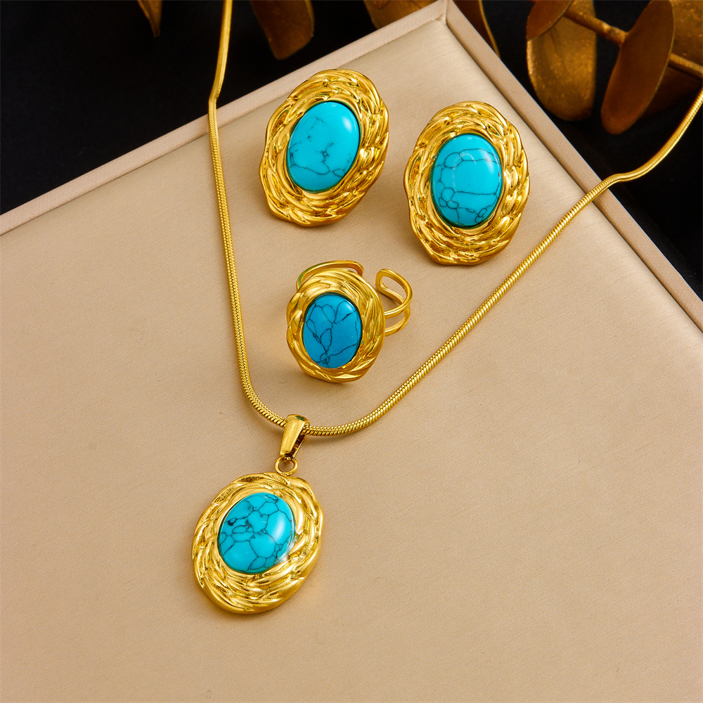 New European and American French Retro Exaggerated Stylish Oval Elegant Turquoise Pendant Necklace Earrings Ring Set