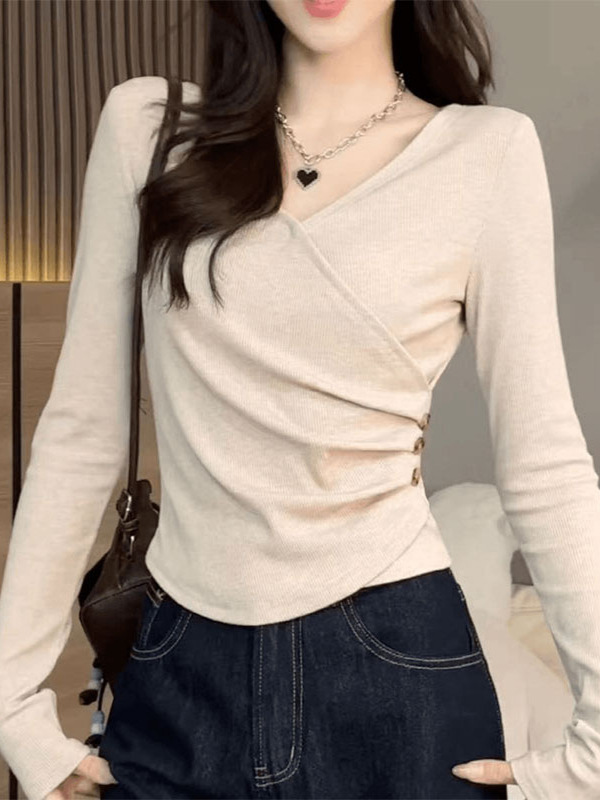 French Style Design Sense V-Neck Long-Sleeved Velvet T-Shirt Women's Autumn and Winter New Arrival Slim-Fit Slimming All-Match Base-Layer Shirt Top